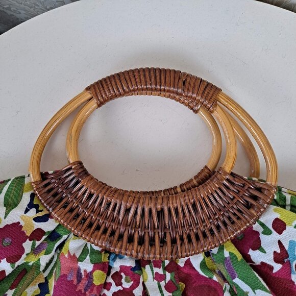 Bamboo Double Rattan Wrapped Handled Colorful Floral Print Round Cotton Bag - Picture 2 of 12